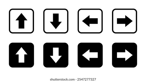 Up, down, left, and right arrow icon set on black square. Upward, downward, leftward, and rightward sign symbol