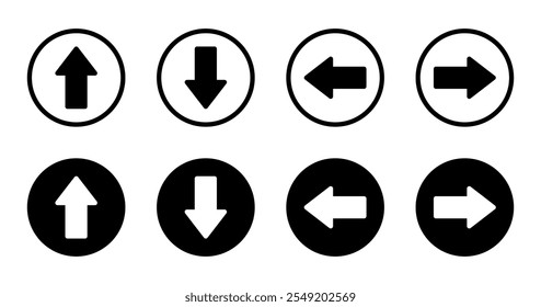 Ícone de seta para cima, para baixo, para a esquerda e para a direita no círculo preto. Símbolo de sinal para cima, para baixo, para a esquerda e para a direita