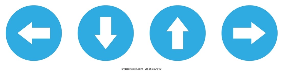 Up, down, left, and right arrow buttons set in blue circle. Upward, downward, leftward, and rightward sign symbol. Vector illustration.