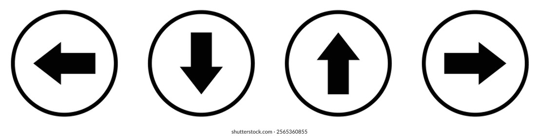 Up, down, left, and right arrow buttons set in black circle. Upward, downward, leftward, and rightward sign symbol. Outline style. Vector illustration.