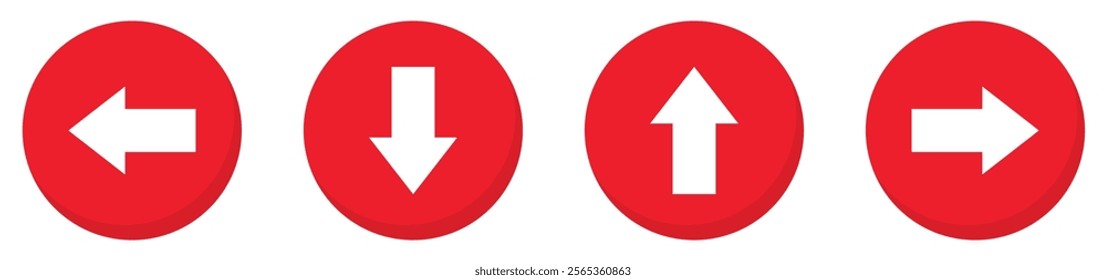 Up, down, left, and right arrow buttons set in red circle with shadow. Upward, downward, leftward, and rightward sign symbol. Vector illustration.