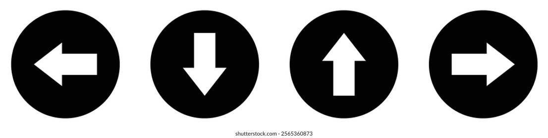 Up, down, left, and right arrow buttons set in black circle. Upward, downward, leftward, and rightward sign symbol. Vector illustration.