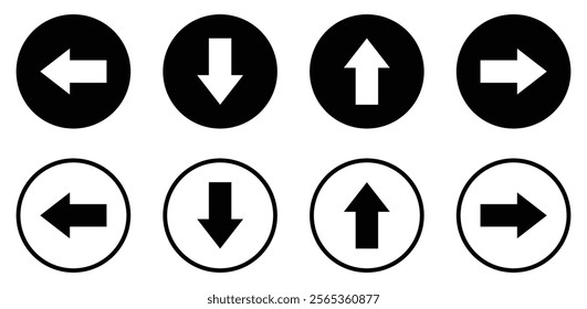 Up, down, left, and right arrow buttons set in black circle. Upward, downward, leftward, and rightward sign symbol. Flat and outline style. Vector illustration.