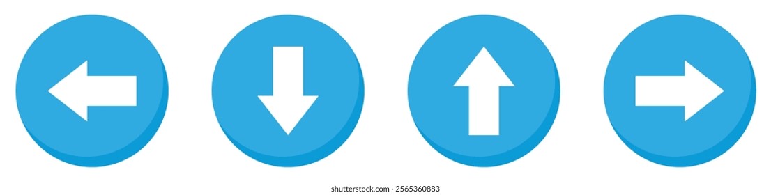 Up, down, left, and right arrow buttons set in blue circle with shadow. Upward, downward, leftward, and rightward sign symbol. Vector illustration.