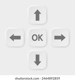 Up, down, left and right arrows. Direction control and ok buttons. White and gray 3d icons, neomorphism. Keyboard Directional buttons