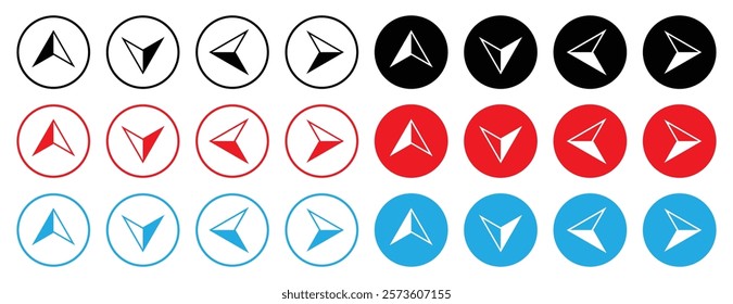 Up, down, left, and right compass arrow icons. Set of compass icons black, blue and red circle. East, west, north, south compass icon. Map direction. Silhouette and outline style. Vector illustration.