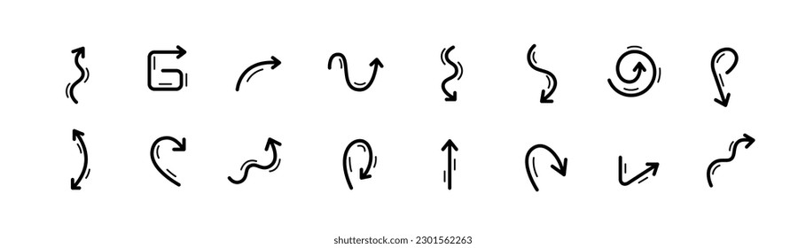 Up, down, round, wavy and straight arrows. Pixel perfect, editable stroke icons set