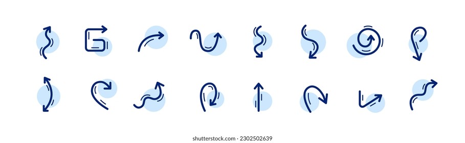 Up, down, round, wavy and straight arrows. Pixel perfect, editable stroke icons set