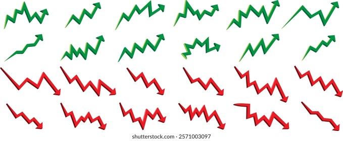 up, rise, bull trend arrows and down, fall, bear market forex business analytics line templates in green and red 3D shapes collection 