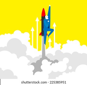 UP!A business man is flying through the clouds by rocket.