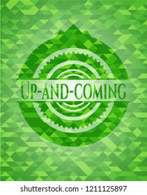 Up-and-coming green emblem. Mosaic background