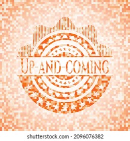 Up-and-coming orange mosaic emblem. Vector Illustration. Detailed. 