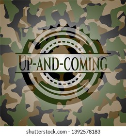 Up-and-coming written on a camouflage texture. Vector Illustration. Detailed.