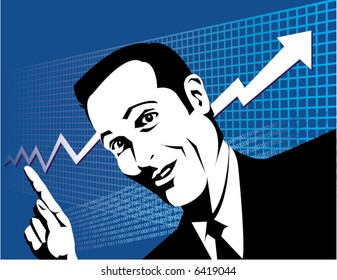 An upbeat business man pionts to the growth of business