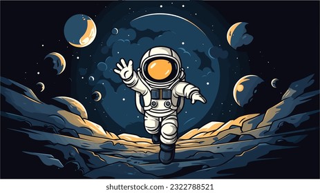 Un animado astronauta de caricaturas explorando la superficie de la luna