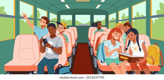 Upbeat multiracial understudies riding school transport level outline. Children in vehicle 2D characters cartoon foundation. Instruction scene vector picture