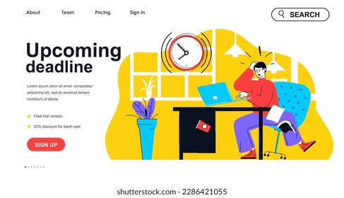 Upcoming deadline concept for landing page template. Stressed employee trying to finish work tasks in time. Office stress people scene. Vector illustration with flat character design for web banner
