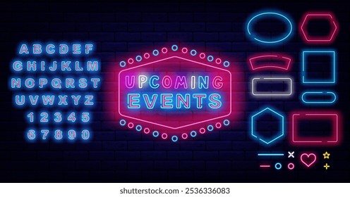 Próximos eventos emblema neon. Texto colorido. Festa, show e compras. Conjunto de quadros geométricos. Alfabeto azul brilhante. Anúncio de desempenho. Publicidade brilhante. Ilustração de estoque vetorial