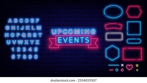 Upcoming events neon emblem with ribbon. Party, show and shopping. Vector stock illustration