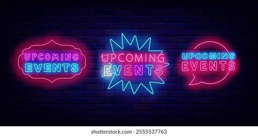 Upcoming events neon emblems collection. Party, show and sale. Explosion and speech bubble. Vector stock illustration