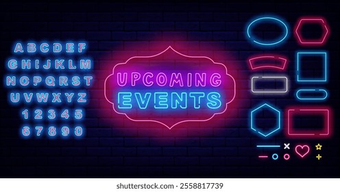 Upcoming events neon label. Party, show and shopping. Geometric frames set. Vector stock illustration