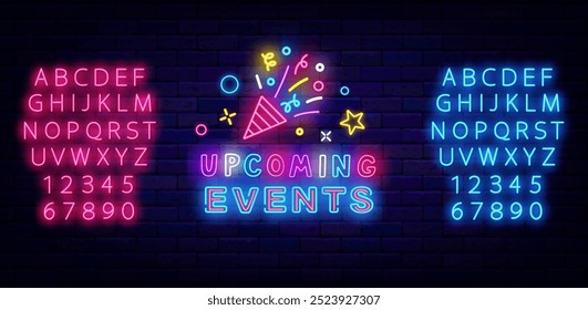 Próximos eventos signo de neón. Fiesta, espectáculo y venta. Tarta de confeti. Alfabeto rosa y azul brillante. Anuncio de desempeño. Afiche brillante. Publicidad brillante. Vector ilustración de stock