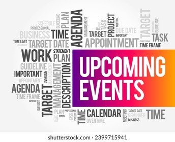 Upcoming Events text word cloud, concept background