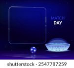 Upcoming football match announcement, match day. Glowing stadium, sport arena, ball. High contrast background, vibrant color, vector frame template. Banner, social media, blog post, flyer, poster.