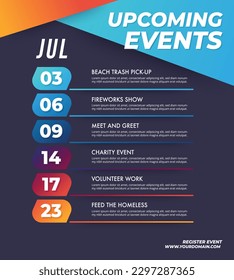 Upcoming monthly event schedule flyer poster template. Coming soon or up next events concept.