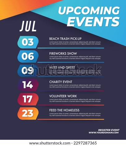 Upcoming monthly event schedule flyer poster template. Coming soon or up next events concept.