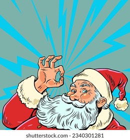 Upcoming New Year holidays. Recommendations from a childhood hero. Santa claus shows ok sign with his hand. Pop Art Retro Vector Illustration Kitsch Vintage 50s 60s Style