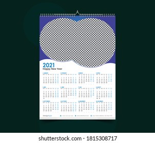 Upcoming New Year Twelve Months Blue Color One Page Wall Calendar Design 2021 Planner Theme. Corporate Identity Business Office Year Organizer. Stationery Print Graphic Design. Week Starts on Sunday
