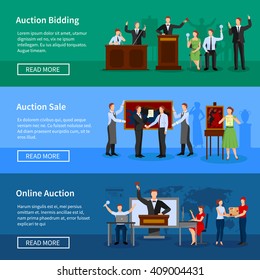 Upcoming online auctions bidding and sale information 3 flat horizontal banners webpage design abstract isolated vector illustration