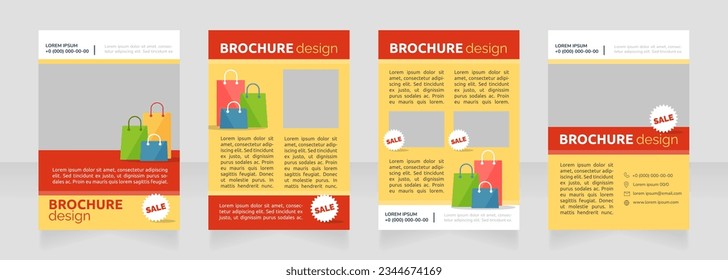 Upcoming sales announcement blank brochure design. Template set with copy space for text. Premade corporate reports collection. Editable 4 paper pages. Ubuntu Bold, Raleway Regular fonts used