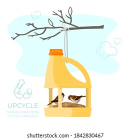 Upcycle. Bird feeder from an empty canister. Vector isolated on a white background.