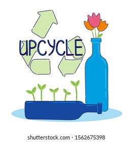 Upcycle Concept.Glass Upcycle.Secondary Use Of Glass Bottles As A Vase And A Pot.Flowers In A Bottle.Germination Of Plants In A Bottle.Reuse And Upcycling Sign.Vector Flat Illustration