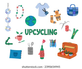 Upcycle elements set. Vector hand drawn clipart illustrations. Upcycling creative ideas on white background. Sustainable living and environmental protection concept.