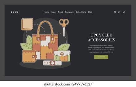 Upcycled Accessories concept. Eco-friendly fashion landing page with handcrafted wallet and bag. Sustainable product creation, eco design. Vector illustration.