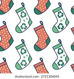 Upcycled Fabric Christmas Stocking Konzept als nahtloser minimaler Hintergrund mit einem sich wiederholenden Muster von Weihnachtsstrümpfen aus Upcycled Stoffresten in verschiedenen Farben und Mustern. Die Kamera zeichnet die lebendigen Texturen und einzigartigen Designs auf, die eine verschwenderfreie Urlaubssaison fördern. in Foto Stock Concept , Kopienraum für Werbung oder Banner mit Foto Realistic als hochwertiges Detail —ar 7:2