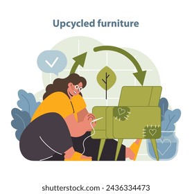 Upcycling Möbel Vektor-Illustration. Eine begeisterte Person verleiht Upcycled-Möbeln einen kreativen Touch und stellt nachhaltiges Leben durch Wohnkultur-Innovation dar.