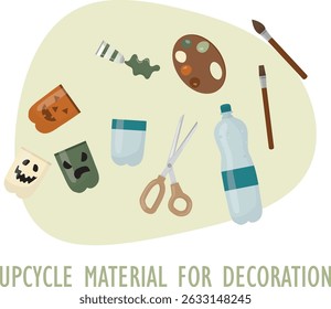 Upcycled Halloween Decoration Craft Materials Supplies. Recycled crafting materials. Creating sustainable Halloween decorations from waste items. Eco-friendly halloween.Flat style. Vector illustration