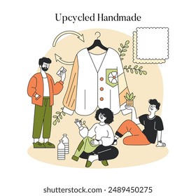 Upcycled Handmade concept. Creative people engage in sustainable fashion, crafting a unique garment from recycled materials. Eco-conscious clothing transformation. Vector illustration.