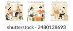 Upcycled Handmade set. Creative individuals engaged in repurposing materials for decor, packaging, and art. Sustainability and environmental awareness through DIY crafting. Vector illustration.