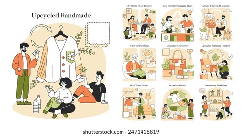 Upcycled Handmade set. Creative reuse in fashion, decor, and art projects. Sustainable lifestyle practices, zero-waste shopping, and community workshops. Vector illustration.