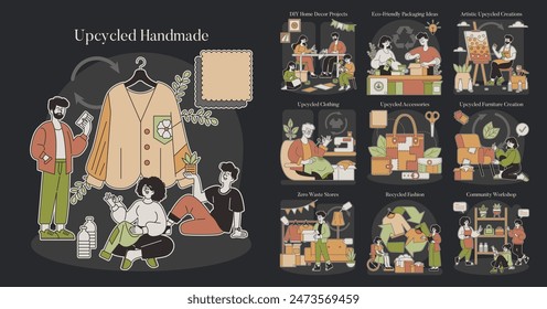 Conjunto hecho a mano reciclado. Reutilización creativa en la vida sostenible. Desde la moda ecológica hasta la decoración artística del hogar, mostrando talleres de bricolaje y comunitarios. Ilustración vectorial.