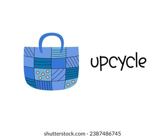 Upcycled jeans bag. Handmade stuff. Upcycling concept vector illustration. Sustainable living.