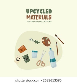 Upcycled Materials for DIY Home Decorations. Crafting with upcycled plastic bottles. Eco-friendly halloween decorations concept. Educational sustainability workshops. Flat style. Vector illustration