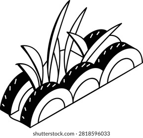 upcycled tire garden border isometric concept, halfcut tyre landscaping idea vector icon design, zero waste decorative planter fence stock illustration
