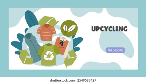 Upcycling clothes poster. Clothes with recycling symbol. Caring for ecology and environment. Zero waste lifestyle. Landing webpage design. Flat vector illustration isolated on blue background
