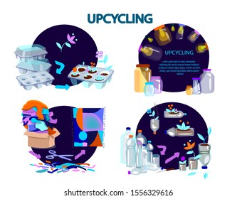 Upcycling Concept Of Reducing Waste. Reuse Of Utilized Egg Box Container, Plastic Bottles For Plants, Clothes For Carpet, Glass Jars For Lighting Recycling And Reutilization. Flat Vector Illustration